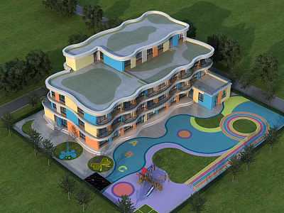 Colorful Multi Story School Building with Green Roof and Colorful Playground Surrounded by Lawn and Trees 3d model