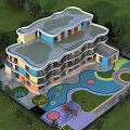 Colorful Multi Story School Building with Green Roof and Colorful Playground Surrounded by Lawn and Trees