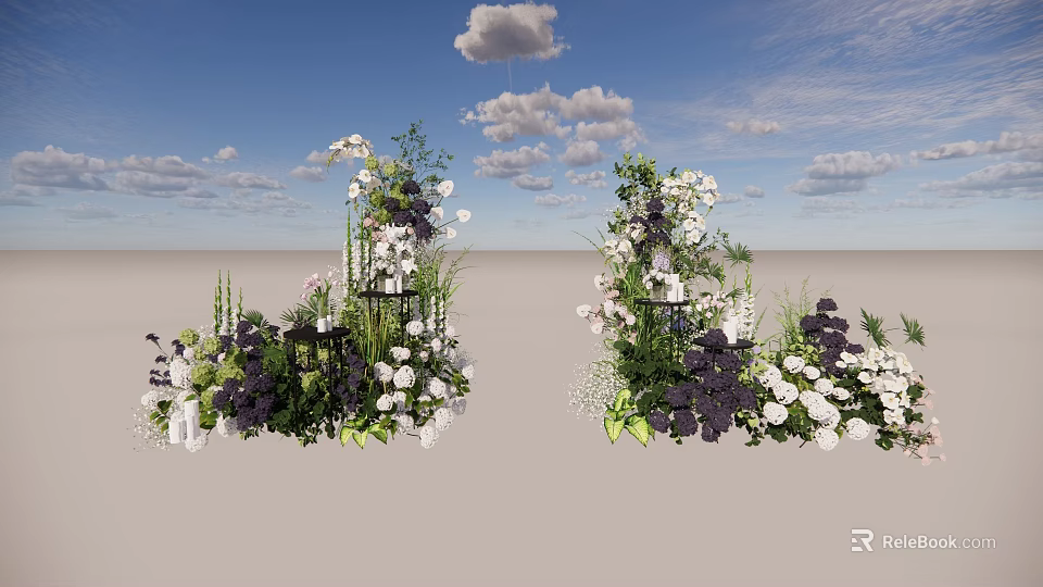 Elegant Floral Installation With White Purple Flowers Green Foliage And Decorative Structures 3d model 