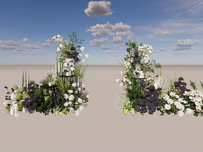 Elegant Floral Installation With White Purple Flowers Green Foliage And Decorative Structures 3d model