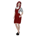 Woman With Pink Hair Wearing White Shirt Red Pinafore Dress Bow Tie On Black Background