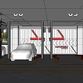 4S Car Dealership Service Center with Numbered Vehicle Bays Red Lifts and Yellow Floor Lines