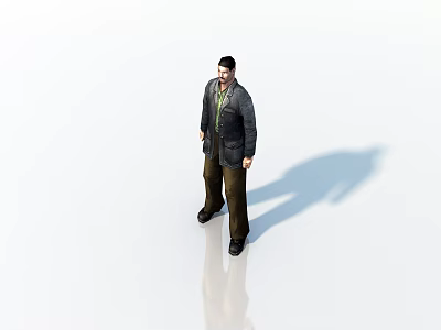 Man Standing Against White Background Wearing Dark Coat Green Shirt And Brown Pants With Shadow 3d model