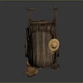 Vintage Wooden Cart Displaying Straw Hats And Woven Baskets On Wheels