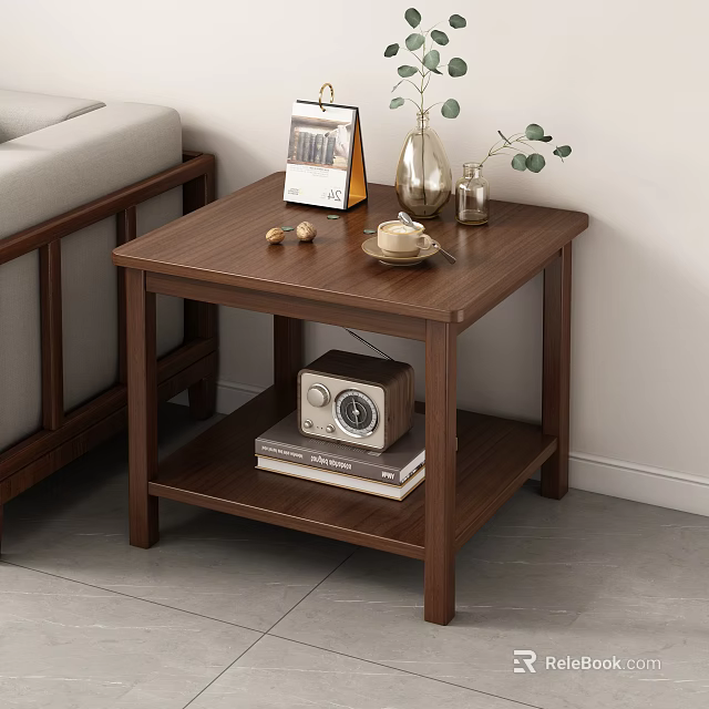 Wooden Side Table With Two Tiers In Living Room Featuring Photo Frame Vase Radio And Books 3d model 