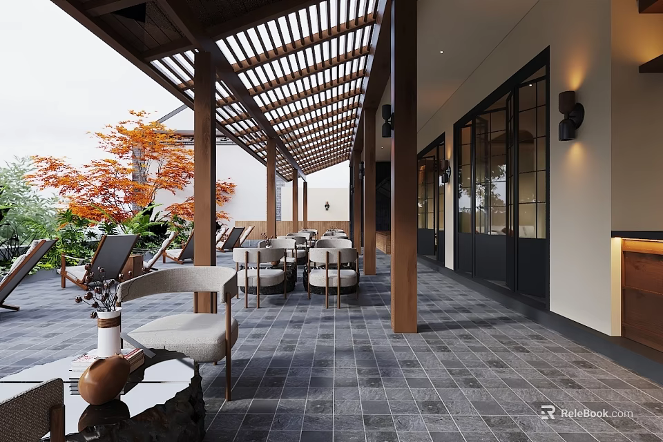 Restaurant Outdoor Dining Area With Wooden Pergola Tables Chairs Green Plants And Autumn Trees 3d model 