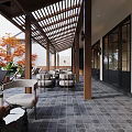 Restaurant Outdoor Dining Area With Wooden Pergola Tables Chairs Green Plants And Autumn Trees