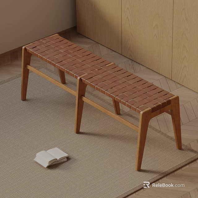 Natural Wooden Bench With Woven Seat And Solid Wood Frame In Living Room 3d model 