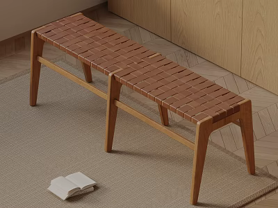 Natural Wooden Bench With Woven Seat And Solid Wood Frame In Living Room 3d model