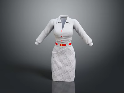 Stylish Women's White Blouse With Red Buttons And Red Belt Paired With Plaid Pattern Skirt 3d model