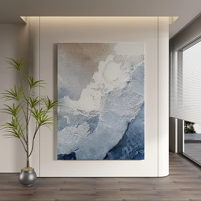 Abstract Painting in Modern Interior with Blue Gray Tones Green Plant and Window Blinds 3d model