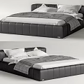 Modern Black Leather Double Bed With White Sheets And Gray Decorative Pillows 3d model