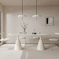 Modern Restaurant Interior With White Round Dining Table Chairs Pendant Lights And Blinds