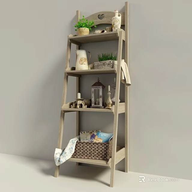 Rustic Wooden Ladder Shelf with Multiple Tiers Potted Plants Decorative Lantern Storage Basket and Towels 3d model 