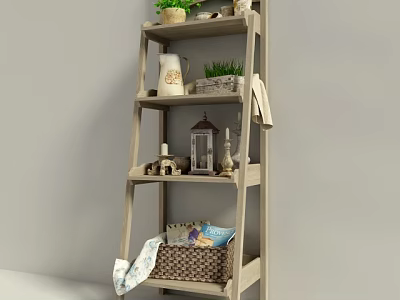 Rustic Wooden Ladder Shelf with Multiple Tiers Potted Plants Decorative Lantern Storage Basket and Towels 3d model