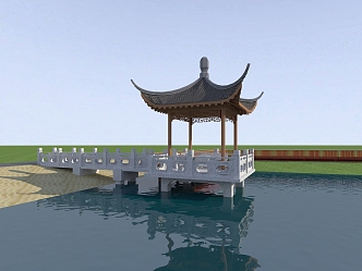 Chinese style pavilion four corner pavilion stone railing 3d model