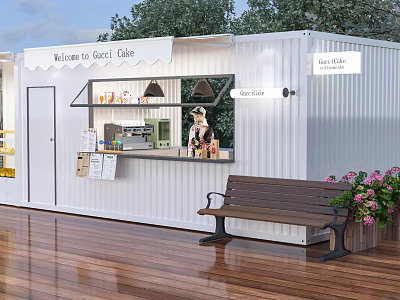 Gocci Cake Dessert Shop Container Style With Outdoor Bench Flowers And Wooden Deck 3d model