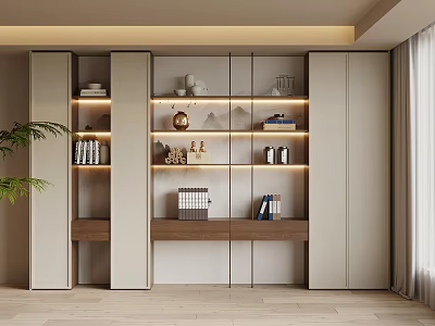 Modern Bookcase With LED Lighting Open Compartments Decorative Items And Neutral Tones 3d model