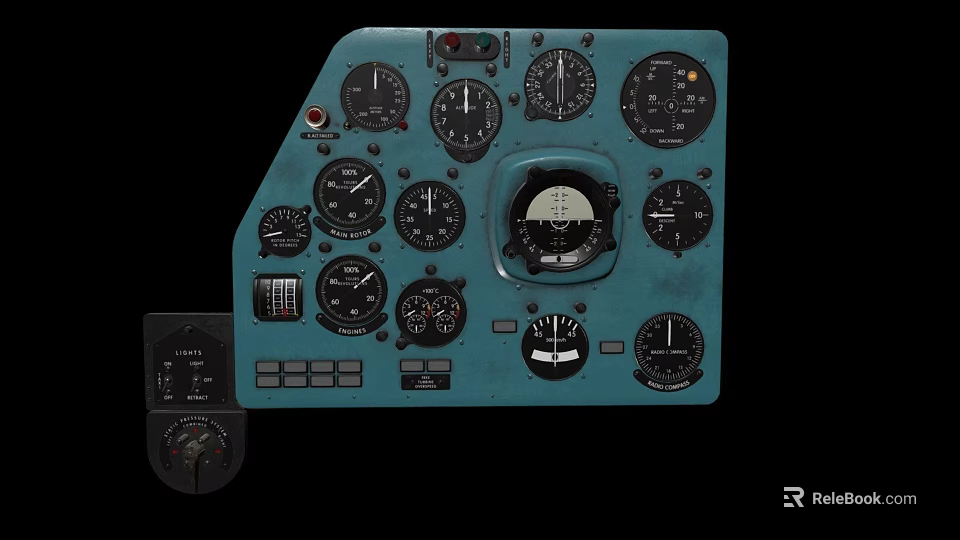 Vintage Aircraft Dashboard With Blue Panel Multiple Gauges And Controls 3d model