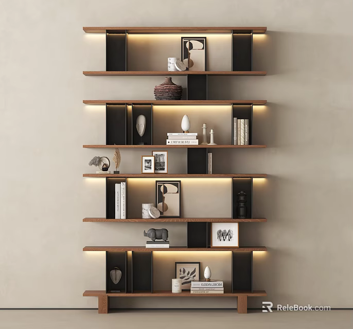 Modern Wall Mounted Bookshelf With LED Lighting Wooden Shelves And Decorative Items 3d model 