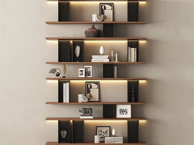 Modern Wall Mounted Bookshelf With LED Lighting Wooden Shelves And Decorative Items 3d model