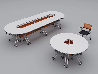 Modern Oval and Round Conference Tables with White Tabletop Orange Accents Wheels and Chairs 3d model