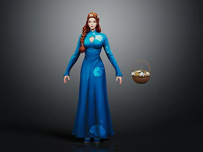 Elegant Red Haired Lady In Blue Gown With Flower Basket And Fresh Flowers 3d model
