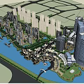 Waterfront Commercial Street With Modern Buildings Palm Trees And Pedestrian Area
