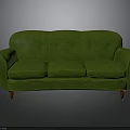 Green Three Seater Sofa With Curved Armrests And Red Wooden Legs