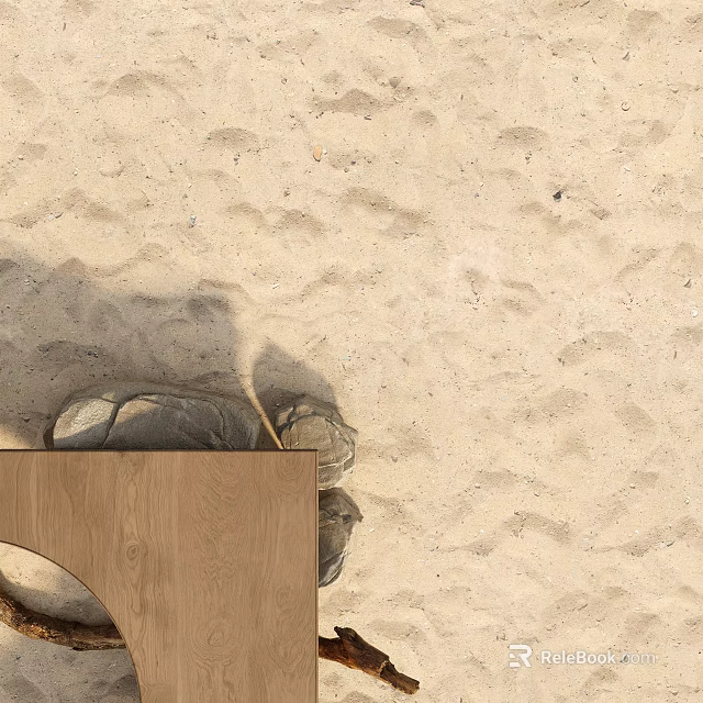 Textured Sandy Beach With Scattered Stones And Smooth Wooden Plank 3d model 