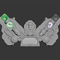 Grey Mechanical Industrial Equipment with Two Arm like Structures Green Purple Screens Gears and Buttons