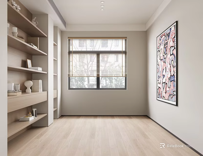 Modern Study Room Interior Design With Wall Bookshelves Blinds And Abstract Painting On Wooden Flooring 3d model 