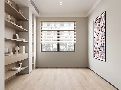 Modern Study Room Interior Design With Wall Bookshelves Blinds And Abstract Painting On Wooden Flooring 3d model