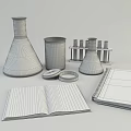 Laboratory Equipment Setup With Flask Beaker Test Tubes Notebook And Magnifying Glass 3d model
