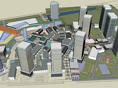 Modern Commercial Complex With High Rise Towers Retail Spaces And Open Green Plazas 3d model