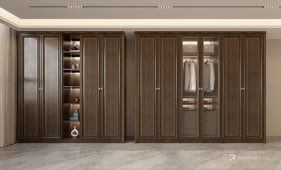 Elegant Modern Wooden Wardrobe Design With Glass Doors Shelves And Hanging Rails 3d model 