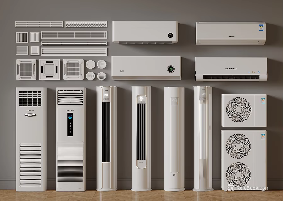 Various Types Of Air Conditioner Units Including Wall Mounted And Floor Standing Models 3d model 