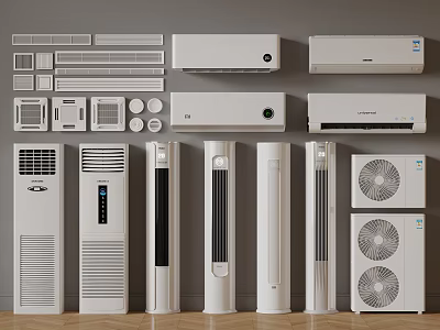 Various Types Of Air Conditioner Units Including Wall Mounted And Floor Standing Models 3d model