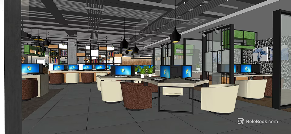 Modern Internet Cafe Interior With Multiple Computers Comfortable Chairs Hanging Lights and Green Plants 3d model 