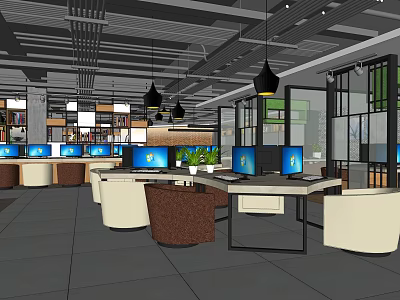 Modern Internet Cafe Interior With Multiple Computers Comfortable Chairs Hanging Lights and Green Plants 3d model