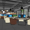 Modern Internet Cafe Interior With Multiple Computers Comfortable Chairs Hanging Lights and Green Plants 3d model