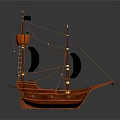 Vintage Wooden Model Ship With Black Sails And Detailed Craftsmanship