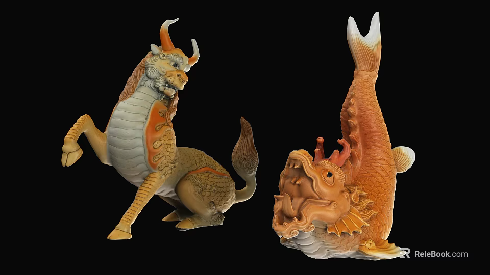 Decorative Ornament Set with Kirin and Koi Fish Vibrant Colorful Figurines for Home Decoration 3d model 