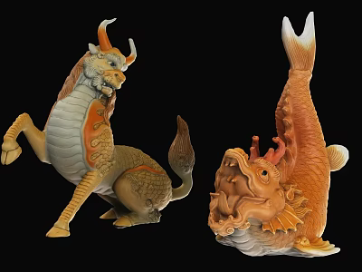 Decorative Ornament Set with Kirin and Koi Fish Vibrant Colorful Figurines for Home Decoration 3d model