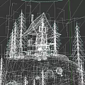 Wooden Detached Villa On Grassy Hillside With Pine Trees And Night Sky