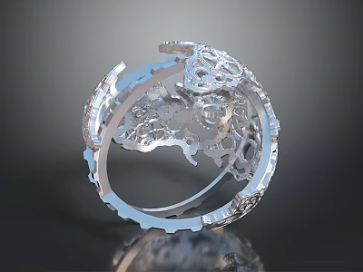 Silver Mechanical Ring With Intricate Gear And Hollow Design Elements 3d model