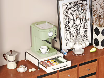 Modern Dinnerware Set with Green Coffee Machine White Cups Drawer Tray on Wooden Cabinet 3d model