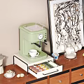 Modern Dinnerware Set with Green Coffee Machine White Cups Drawer Tray on Wooden Cabinet