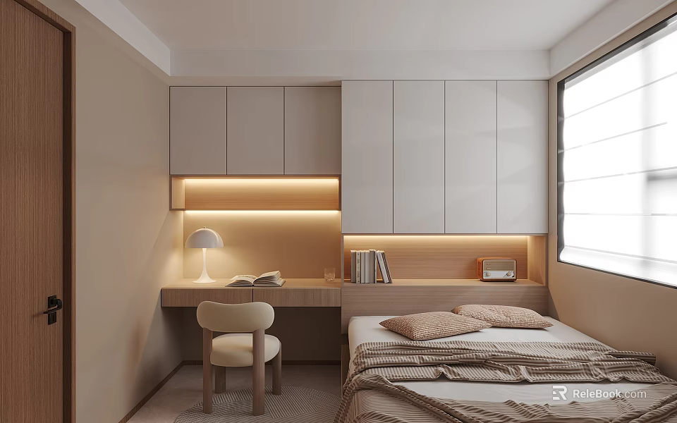 Tatami Bedroom Interior Design With Desk Table Lamp Wall Cabinets And Cozy Bedding 3d model 