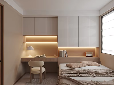 Tatami Bedroom Interior Design With Desk Table Lamp Wall Cabinets And Cozy Bedding 3d model